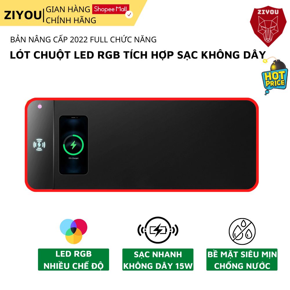 Lót Chuột LED RGB Cảm Ứng Tích Hợp Sạc Không Dây 15W Ziyou G96 , Pad Chuột Cỡ Lớn