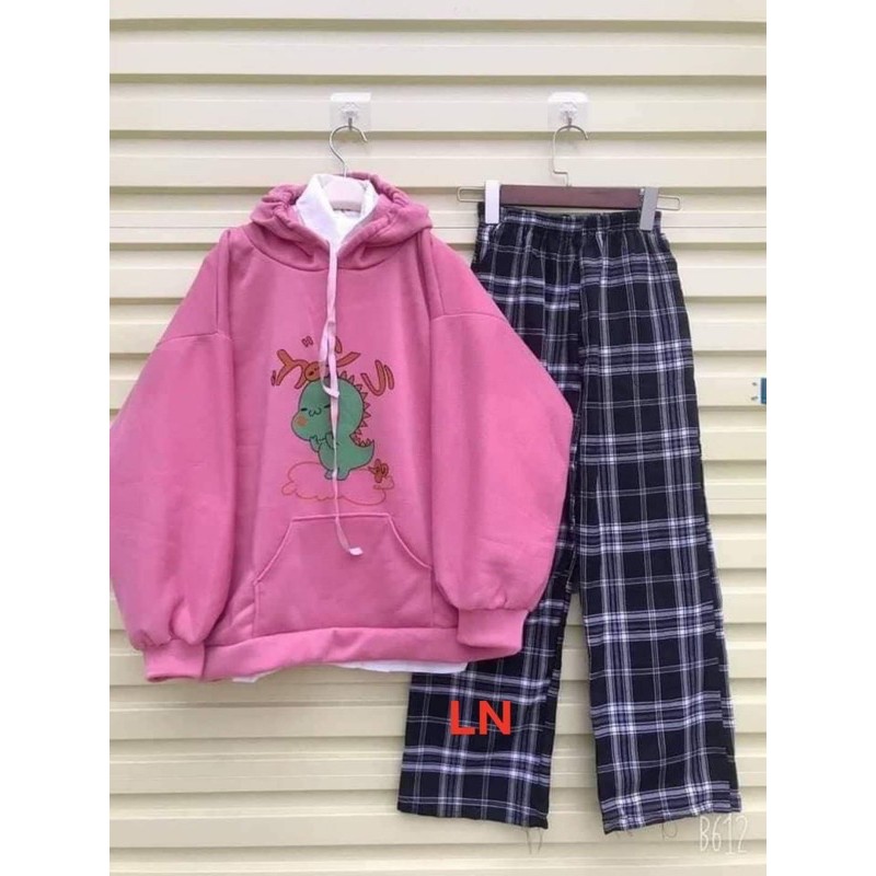 [Mã WASTUP24 giảm 10K đơn 50K] (sale) Sét áo hoodie khủng Long đứng trên mây+ quần kẻ ô LN11 (tuyển sỉ đại lý )