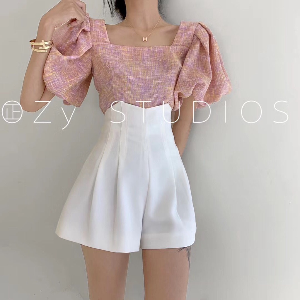 Set Áo Cổ Vuông Cột Dây Tay Phồng + Quần Short Dáng Chữ a Lưng Cao Thời Trang Mùa Hè Phong Cách Mới Cho Nữ