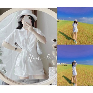 Set sơ mi cột nơ eo phối quần đùi đũi tằm trắng