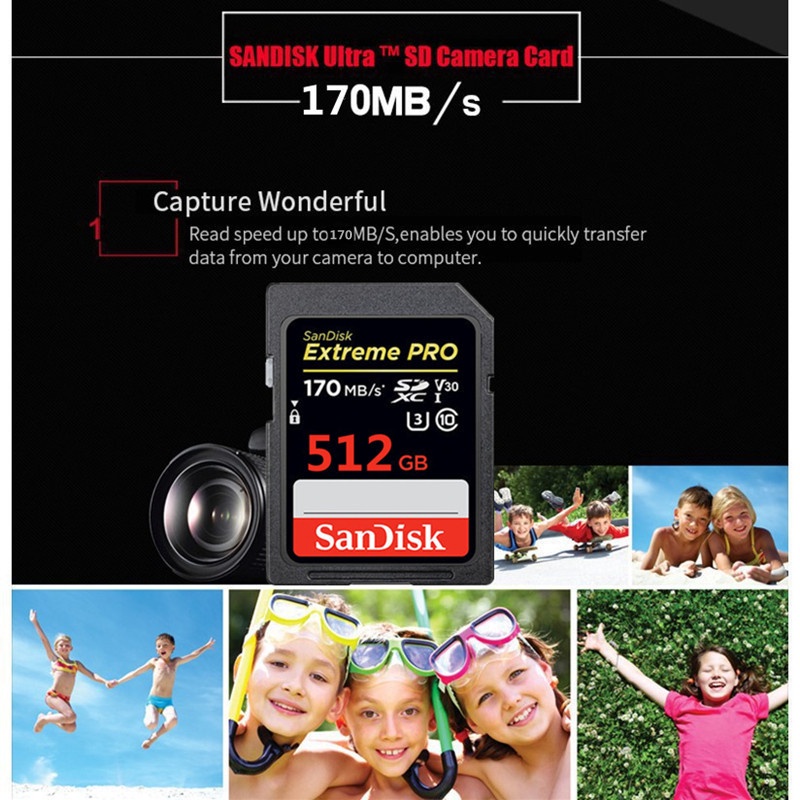 Thẻ nhớ sandisk extreme pro 1tb 512gb 256gb 128gb thẻ sd class10 u3 v30 uhs-i 64g thẻ flash sdxc uhd cho máy ảnh full hd 1080p 3d