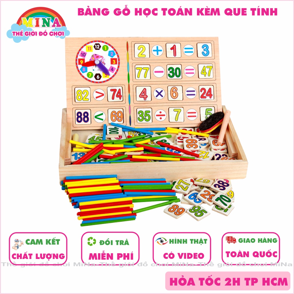 Đồ chơi hộp gỗ toán học,đồ chơi cho bé kèm bảng đồng hồ que tính 100 thẻ số-Thế Giới Đồ Chơi Mina