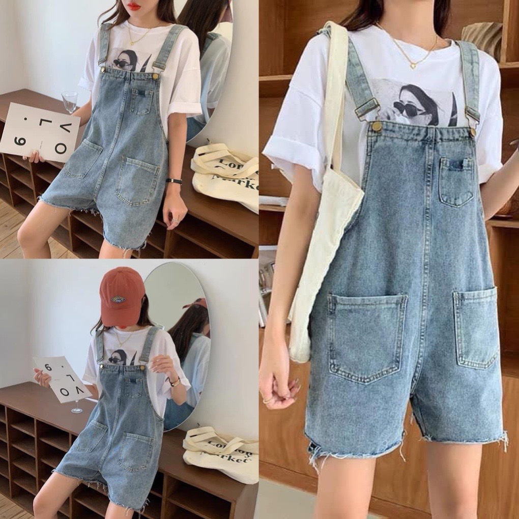 Yếm quần jean nữ dáng ngắn ống rộng unisex oversize chất bò dày dặn màu xanh nhạt phong cách ulzzang hàn quốc
