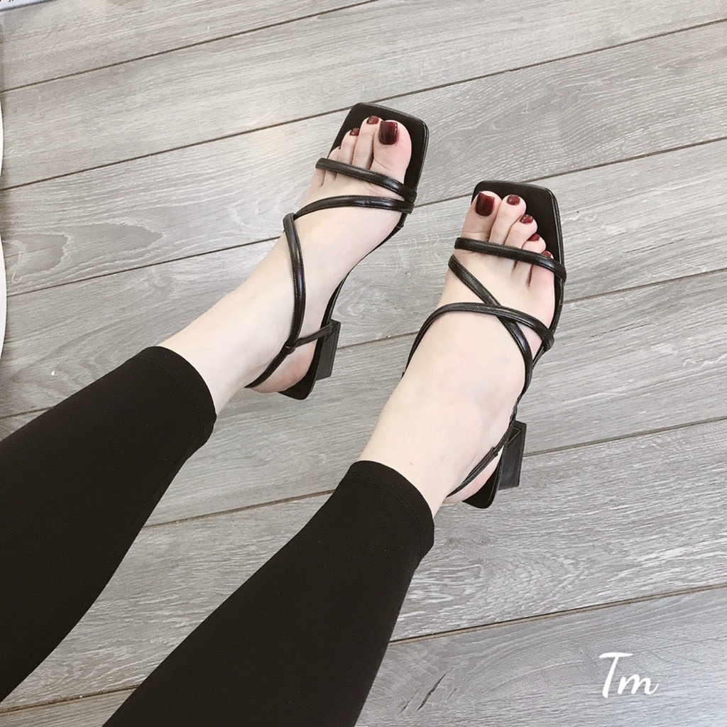 Sandal nữ dây chéo không cần cài quai gót vuông, cao gót nữ 3 phân quai mảnh gót vuông  thời trang hàn quốc