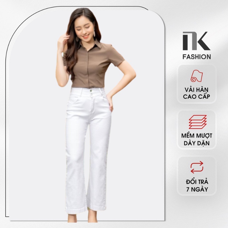 Quần Jeans Nữ Công Sở NK Fashion Ống Rộng Cạp Cao Phối Hai Khuy, Chất Liệu Nhập Hàn Cao Cấp, Co Giãn Tốt NKFQU2103007