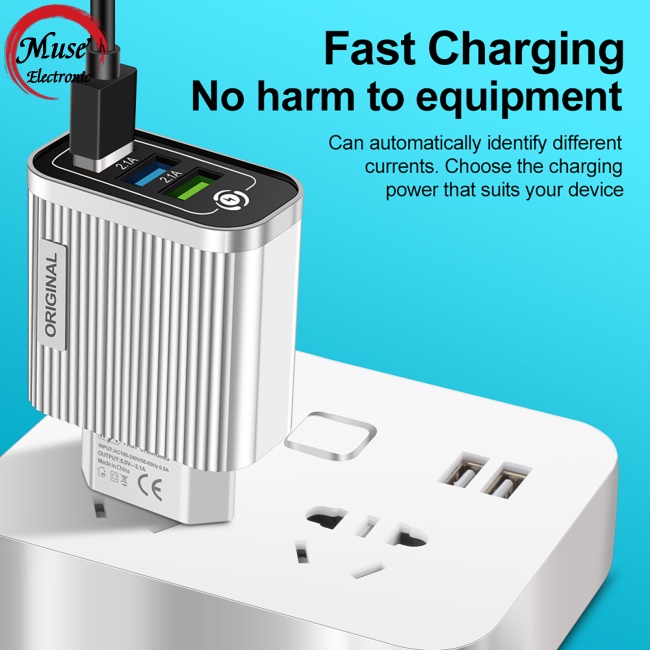 Củ Sạc Nhanh 3 Cổng Usb Có Đèn Led 5V / 3A Phích Cắm US / EU Cho Điện Thoại