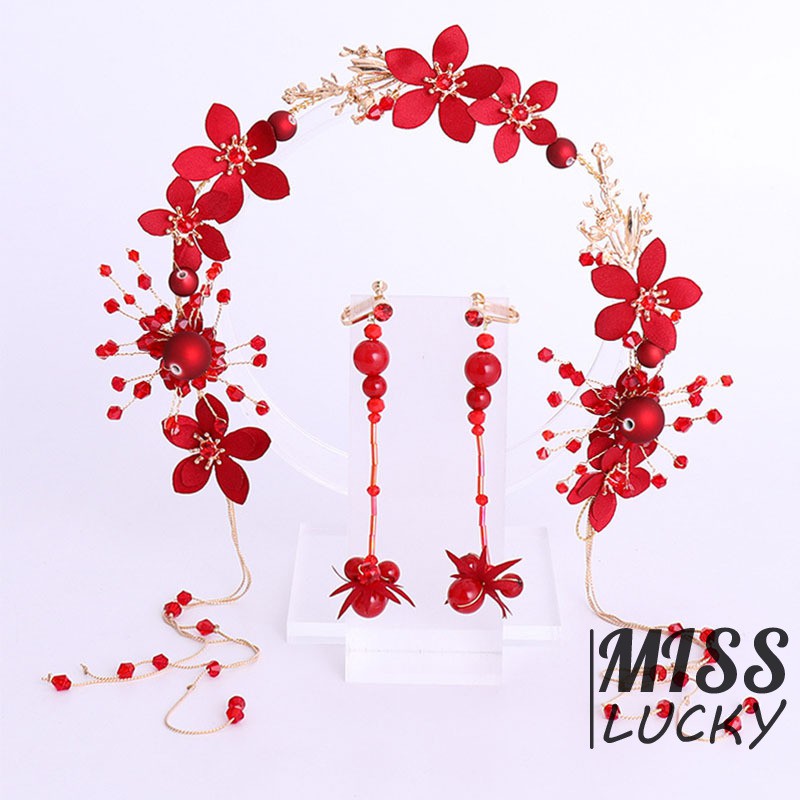 Set cài tóc + khuyên tai đính hoa và ngọc trai giả màu đỏ thanh lịch cho cô dâu