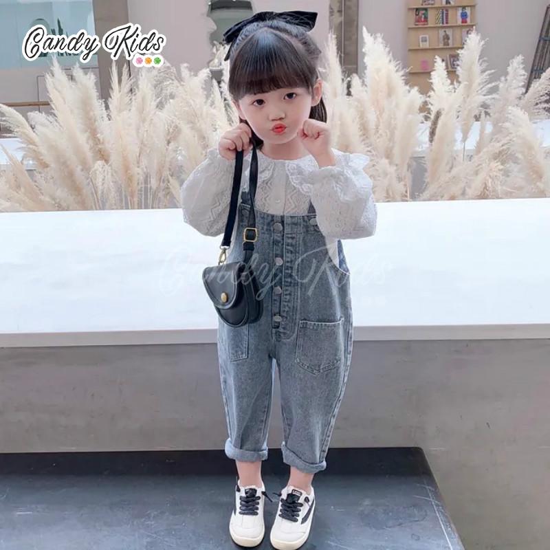 Set Áo Sơ Mi Trắng Dài Tay Và Quần Yếm Denim Cho Bé Gái (2-9 Tuổi)