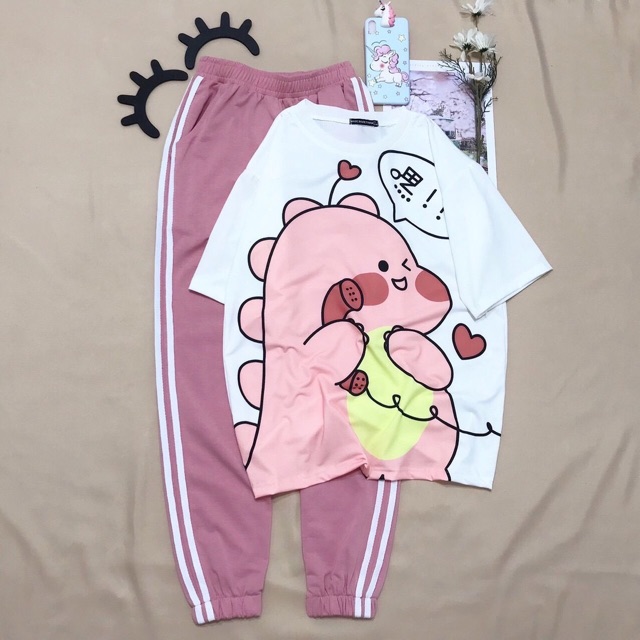 Sét áo hình ngộ nghĩnh + quần bo gấu hồng