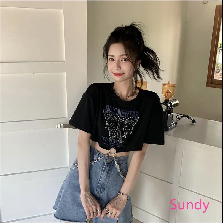 Áo Croptop Dáng Rộng Cổ Tròn Phối Dây Xích Thời Trang Mùa Hè Vintage Cho Nữ Có Size Lớn