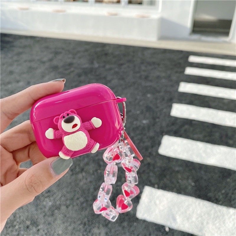Bọc tai nghe Bluetooth Airpod 1 2 3 pro i11 i12 gấu dâu losto đứng kèm móc hồng trái tim