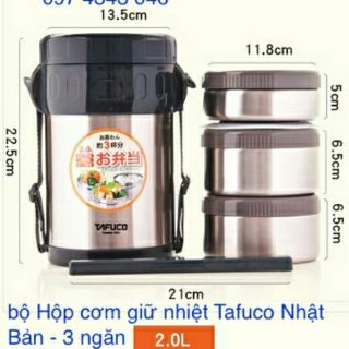 Hàng cao cấp - Hộp cơm inox giữ nhiệt 10h Tafuco Nhật bản - 3 ngăn - 2l
