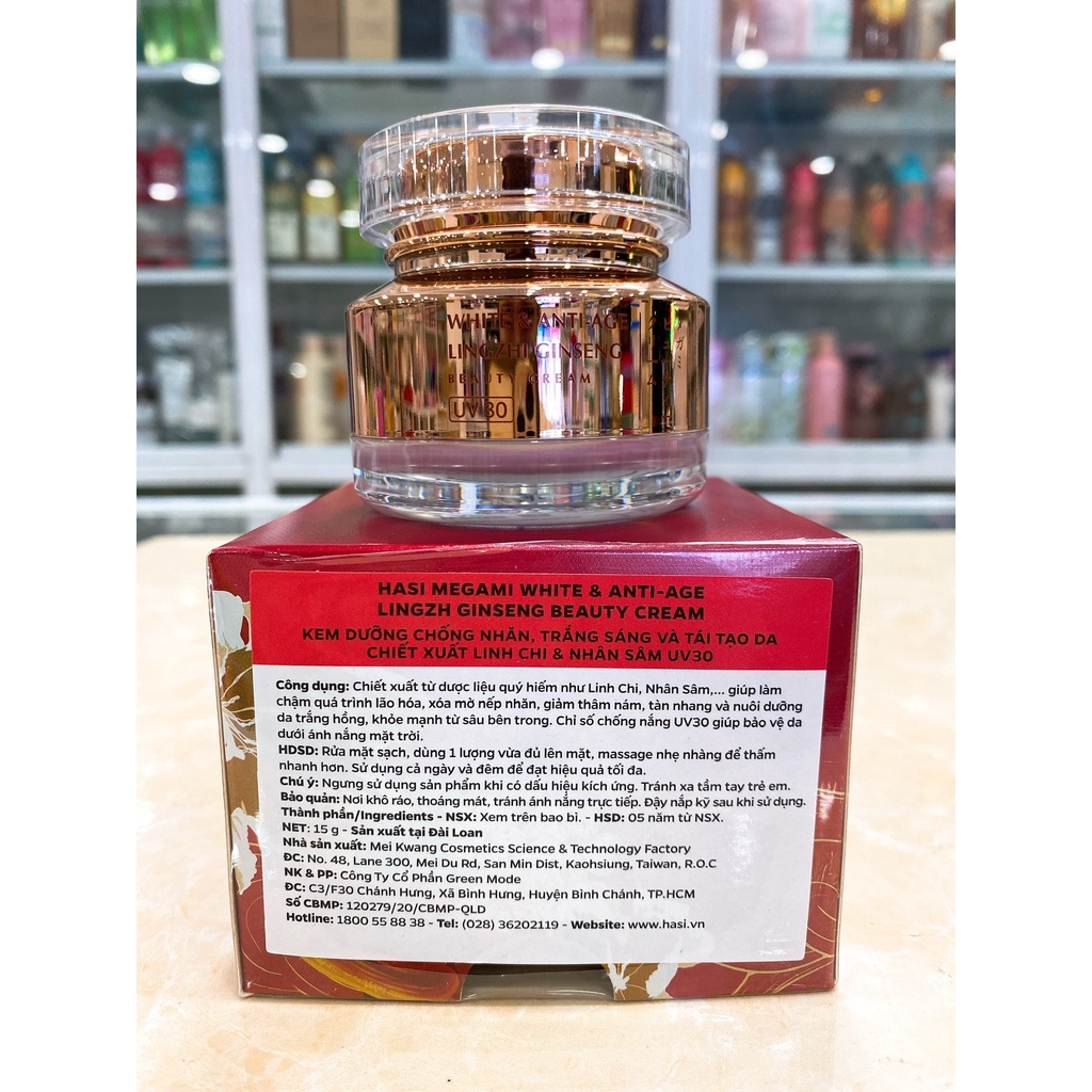Kem Dưỡng Trắng Da Chiết Xuất Linh Chi &amp; Nhân Sâm HaSi Megami White &amp; Anti-Age Lingzhi Ginseng UV30 15g