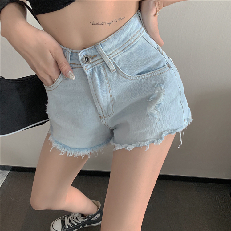 IELGY Quần Short Denim Lưng Cao Ống Rộng Phối Rách Thời Trang Mùa Hè Cho Nữ