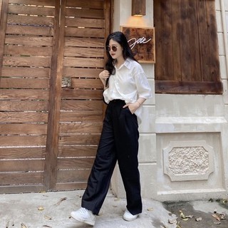 Áo sơ mi lụa cộc tay kèm dây buộc eo lyn
