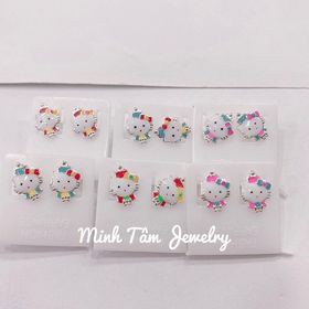 Bông tai Mèo Kitty bạc cho bé Khuyên tai nụ Mèo Kitty bạc nhiều màu sắc cho bé
