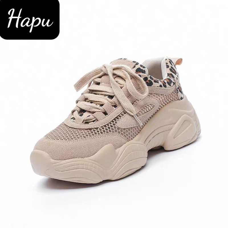 Giày nữ Hapu sneaker nâng đế Da Beo Nâu , thể thao lưới siêu hot 2022