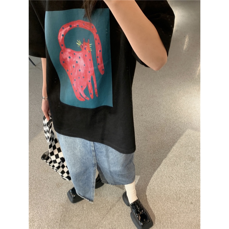 Áo Thun Cotton Tinh Khiết Tay Ngắn Dáng Rộng In Hình Báo Hồng 49896 Thời Trang Cho Nữ