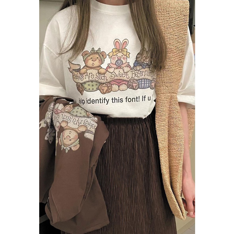 NRVP Áo thun 100% cotton tay ngắn cổ tròn dáng rộng phong cách Hàn Quốc cho nữ