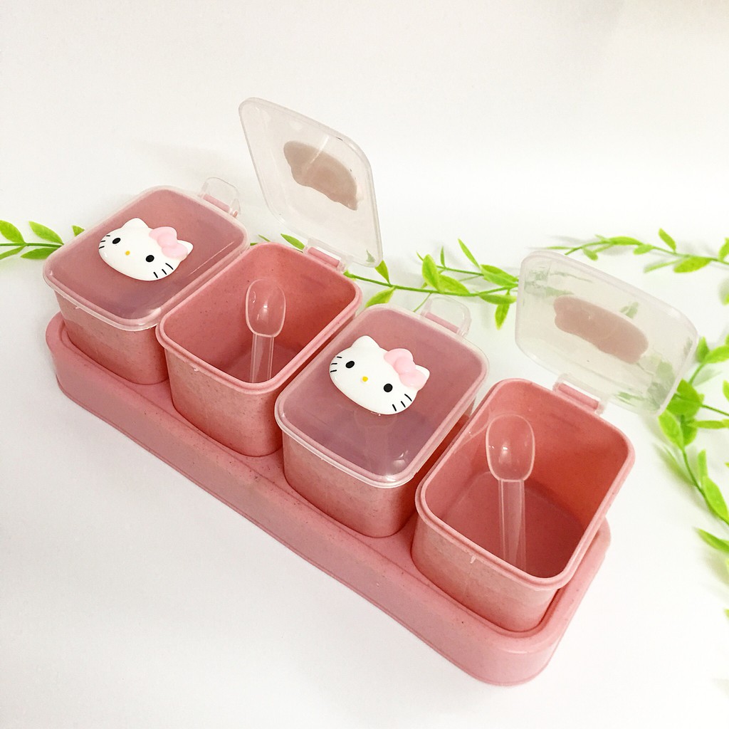 Hũ đựng gia vị lúa mạch kèm muỗng Hello Kitty