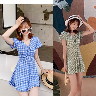 Bộ đồ bơi nữ liền mảnh kẻ caro kín đáo rút dây ngực siêu xinh - ảnh thật