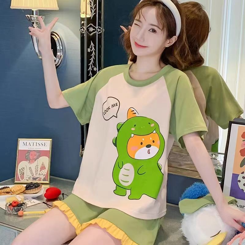 Bộ Đồ Ngủ Tay Ngắn Phối Bèo Họa Tiết Hoạt Hình Dễ Thương Phong Cách Hàn Quốc Cho Nữ