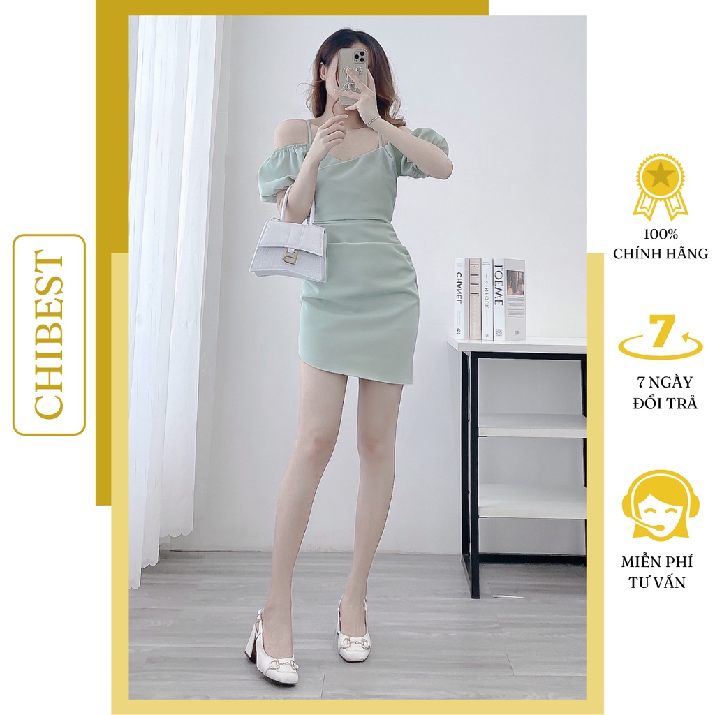 Đầm body 2 dây phối tay phồng rớt vai kiểu nhún eo ôm hông tôn dáng CHIBEST HDB616