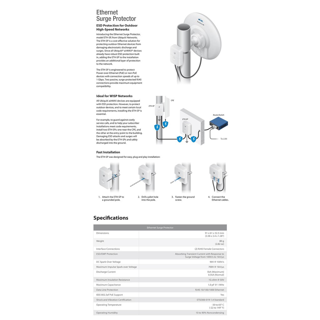 [Chính hãng Ubiquity] Thiết bị bảo vệ hệ thống kết nối Wifi  ETH-SP G2 Ethernet Surge Protector- SUBtel | BigBuy360 - bigbuy360.vn