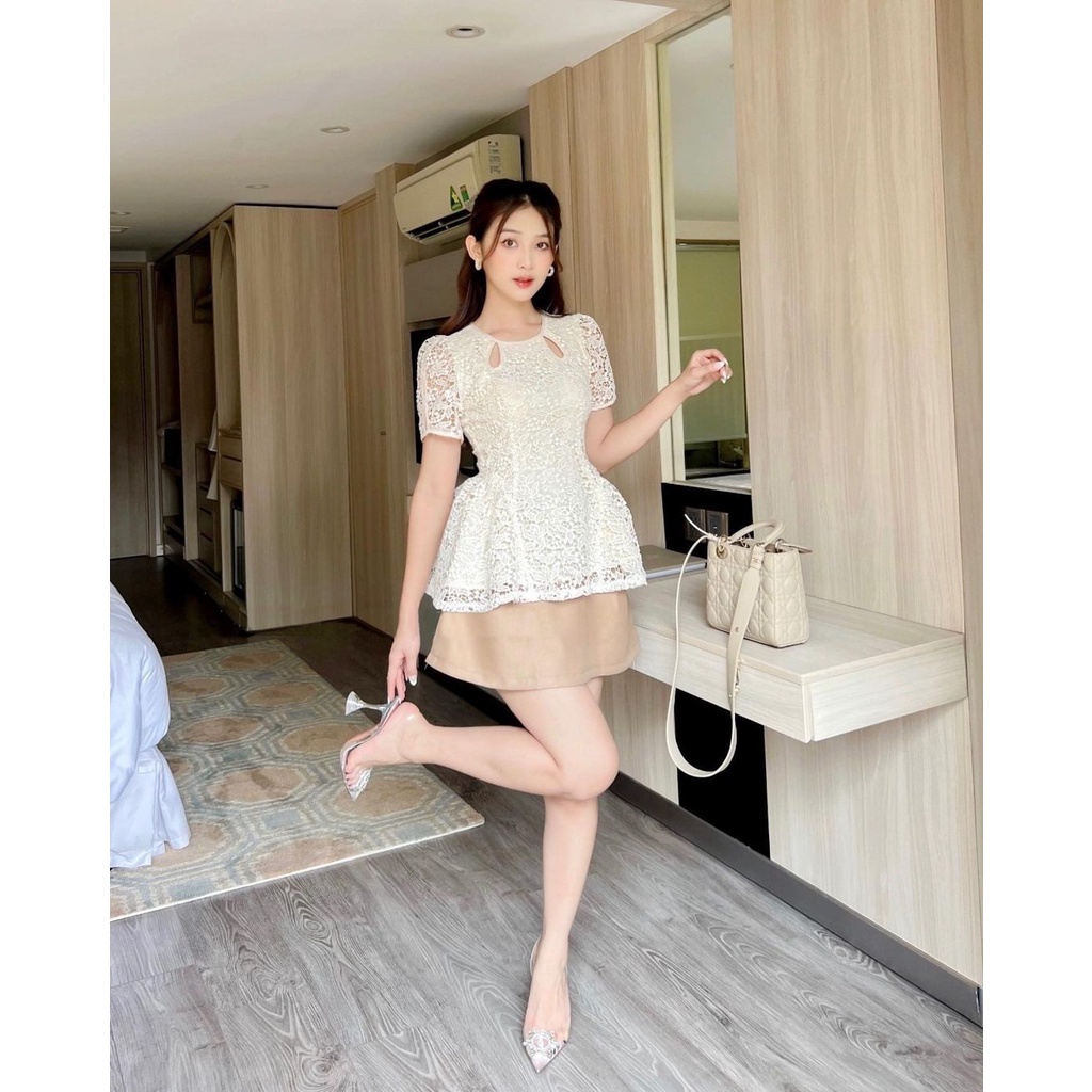 Áo kiểu nữ peplum ngắn tay Linly Store chất ren cổ tròn