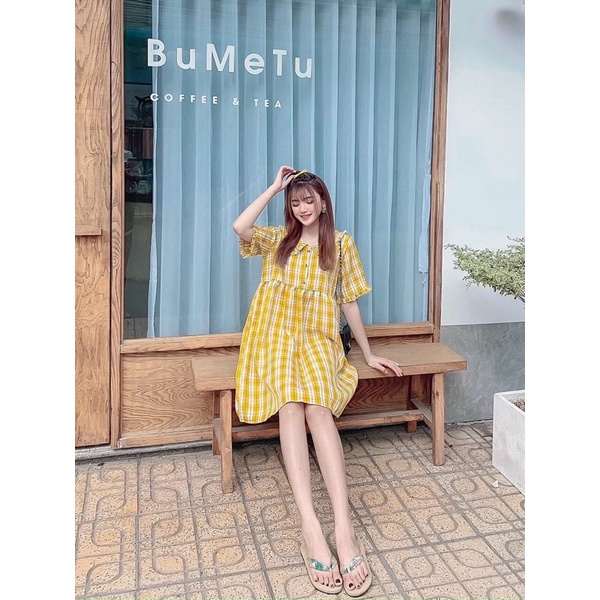 Đầm babydoll sơ mi sọc xanh siêu dễ thương