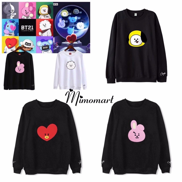 Áo hoodie nỉ dài tay đen họa tiết BT21 siêu ấm