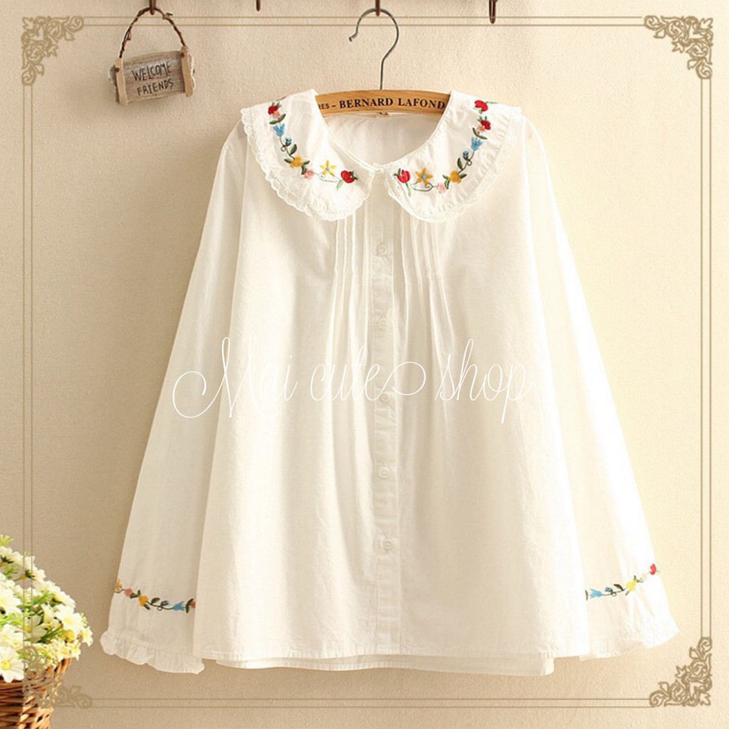 Áo kiểu CỔ LÁ SEN -viền ren TRẮNG -vải kate -thêu hoa maicuteshop