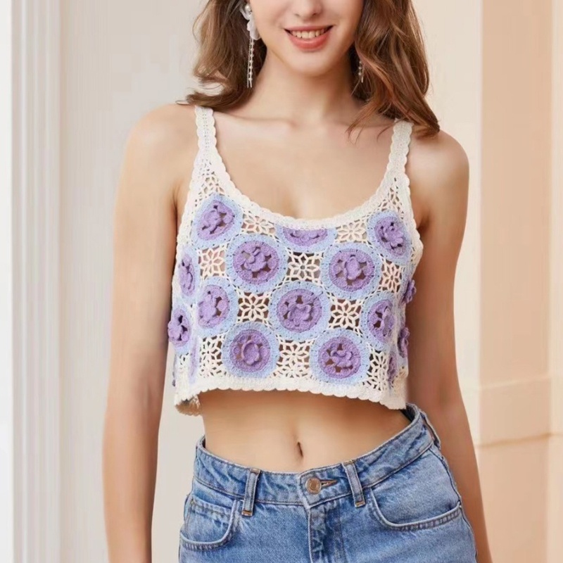 Brroa Áo Croptop Dệt Kim Không Tay Họa Tiết Hoa Tròn Màu Sắc Tương Phản Thời Trang Mùa Hè Cho Nữ