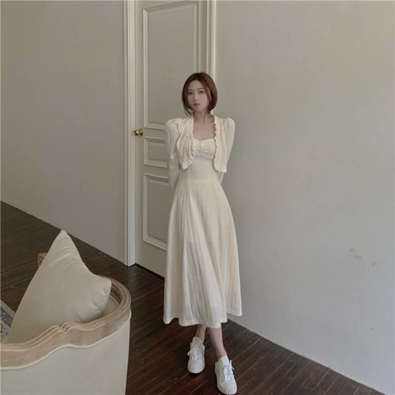 Set đầm midi nude 2s đính cườm ngực kèm khoác crop bèo