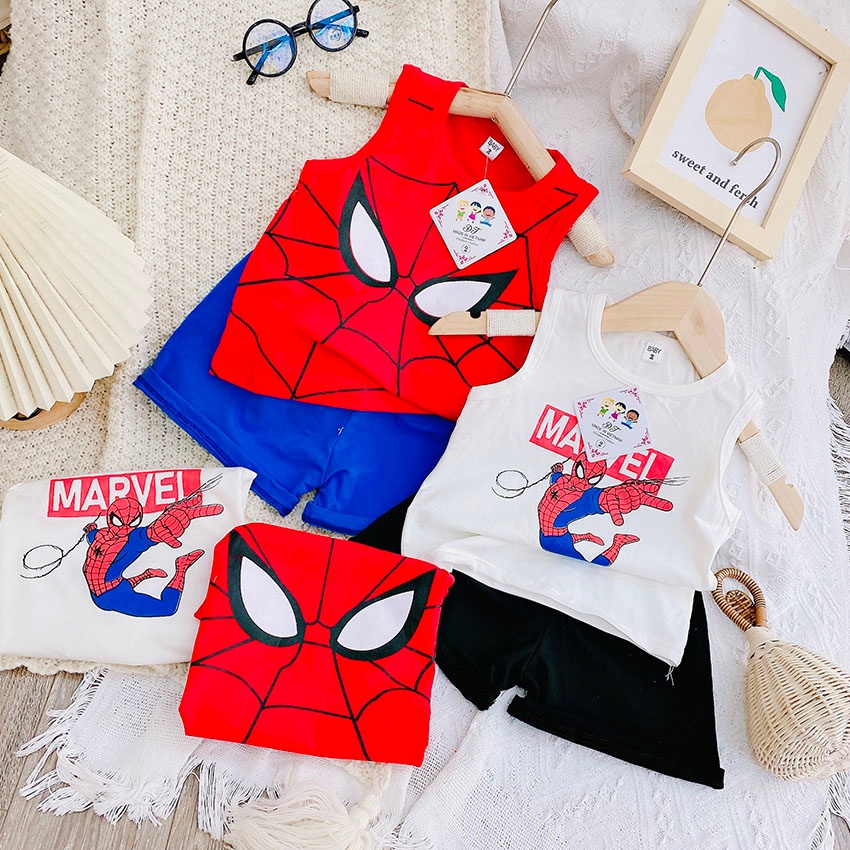Bộ Quần Áo BA LỖ In Hình Người Nhện - Marvel Vải Coton Sang Chảnh Cho Bé Từ 7-19kg