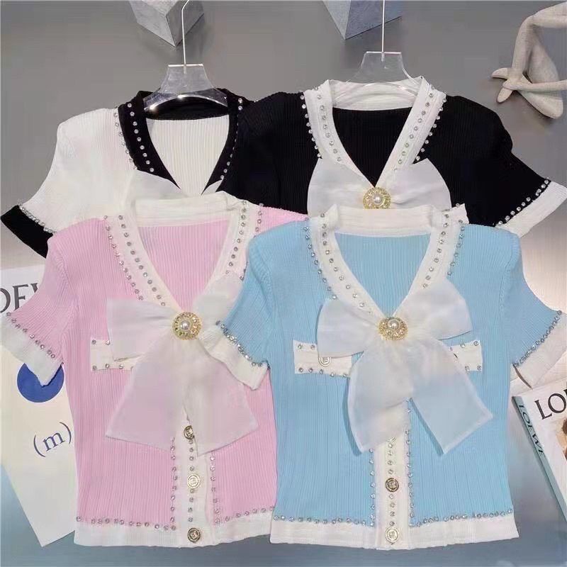 Áo Len nữ cộc tay viền đính đá kèm tag nơ hàng QC