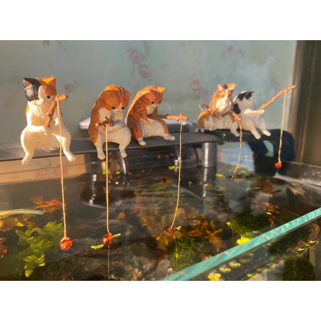 Mô hình mèo câu cá trang trí bể cá cảnh, thùng xốp, decor bàn làm việc