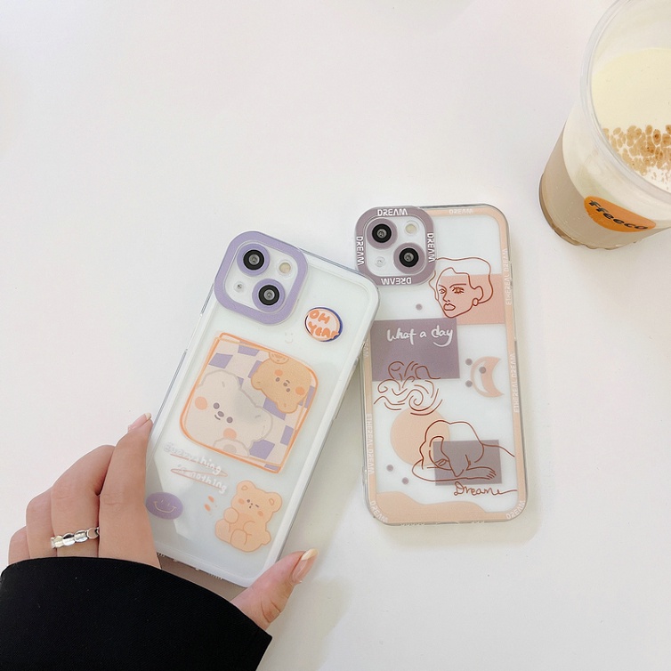 Casing Xiaomi Redmi Note 11 11S 10 10S 9S 8 7 Pro 4G 5G 9A 9C 9 Mi POCO F3 M3 9T 11T Pro K20 Cartoon Art Line Girl Bear Straight Edge Clear Soft Phone Back Case Cover JSC 06