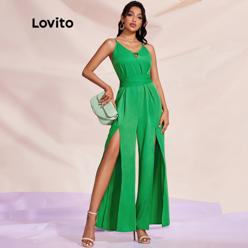 Lovito STIPPLING WORLDBộ áo liền quần cut out không đối xứng hở lưng thắt lưng L28LE057 (Xanh)