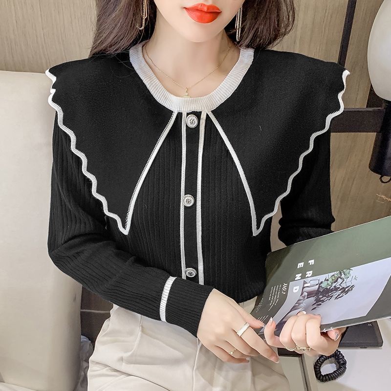 Áo Len Tay Dài Cổ Lá Sen Mỏng Phong Cách Hàn Quốc Ngọt Ngào Dễ Phối Đồ Hàng Mới