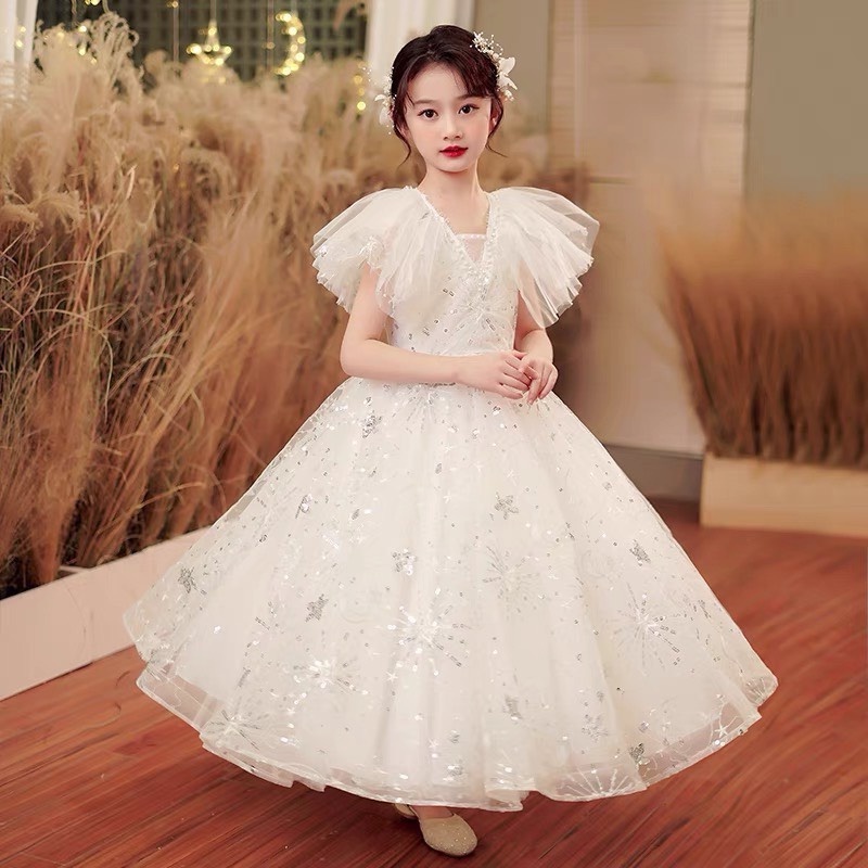 Đầm công chúa bé gái Trắng dài choàng vai - kim sa đính hạt cao cấp - Váy bé gái avalyakids