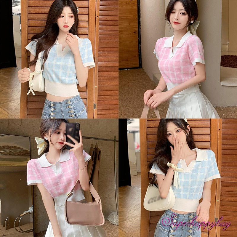 Áo Thun Dệt Kim Ngắn Tay Họa Tiết Sọc Caro Thời Trang Mùa Hè Cho Nữ