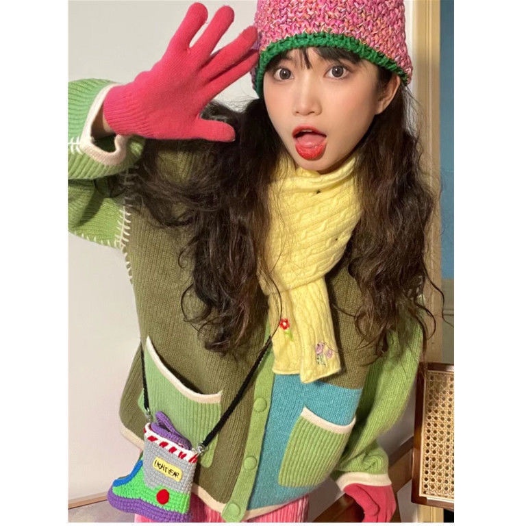 Áo Khoác Cardigan Dáng Rộng Màu Sắc Tương Phản Phong Cách Hàn Quốc