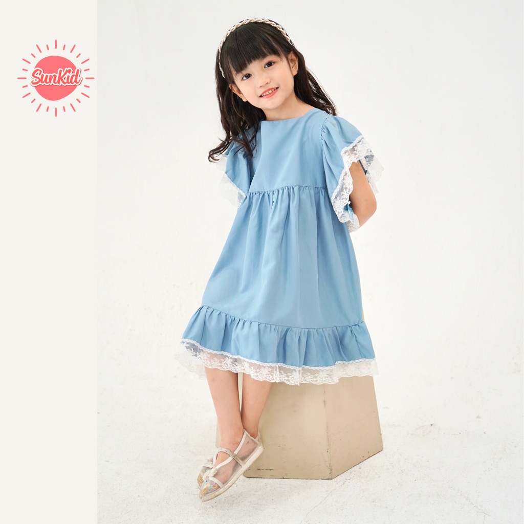 Váy đầm bé gái dáng suông vải trượt chéo cao cấp mùa hè Sunkid PP màu xanh size trẻ em 4-12 tuổi