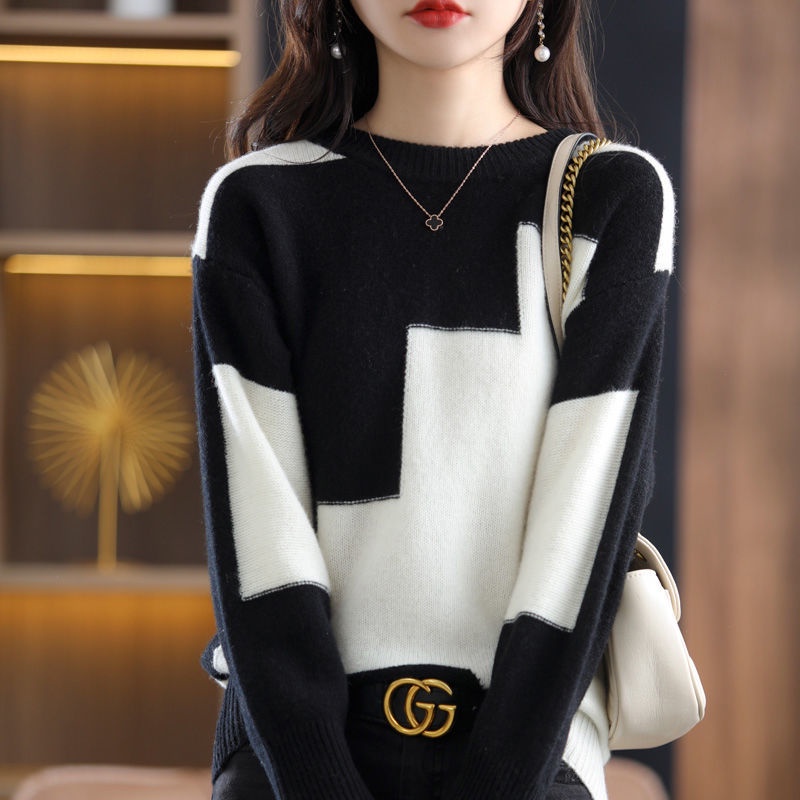 Áo Sweater Dệt Kim Cổ Tròn Dáng Rộng Phối Màu Tương Phản Thời Trang Thu Đông Cho Nữ