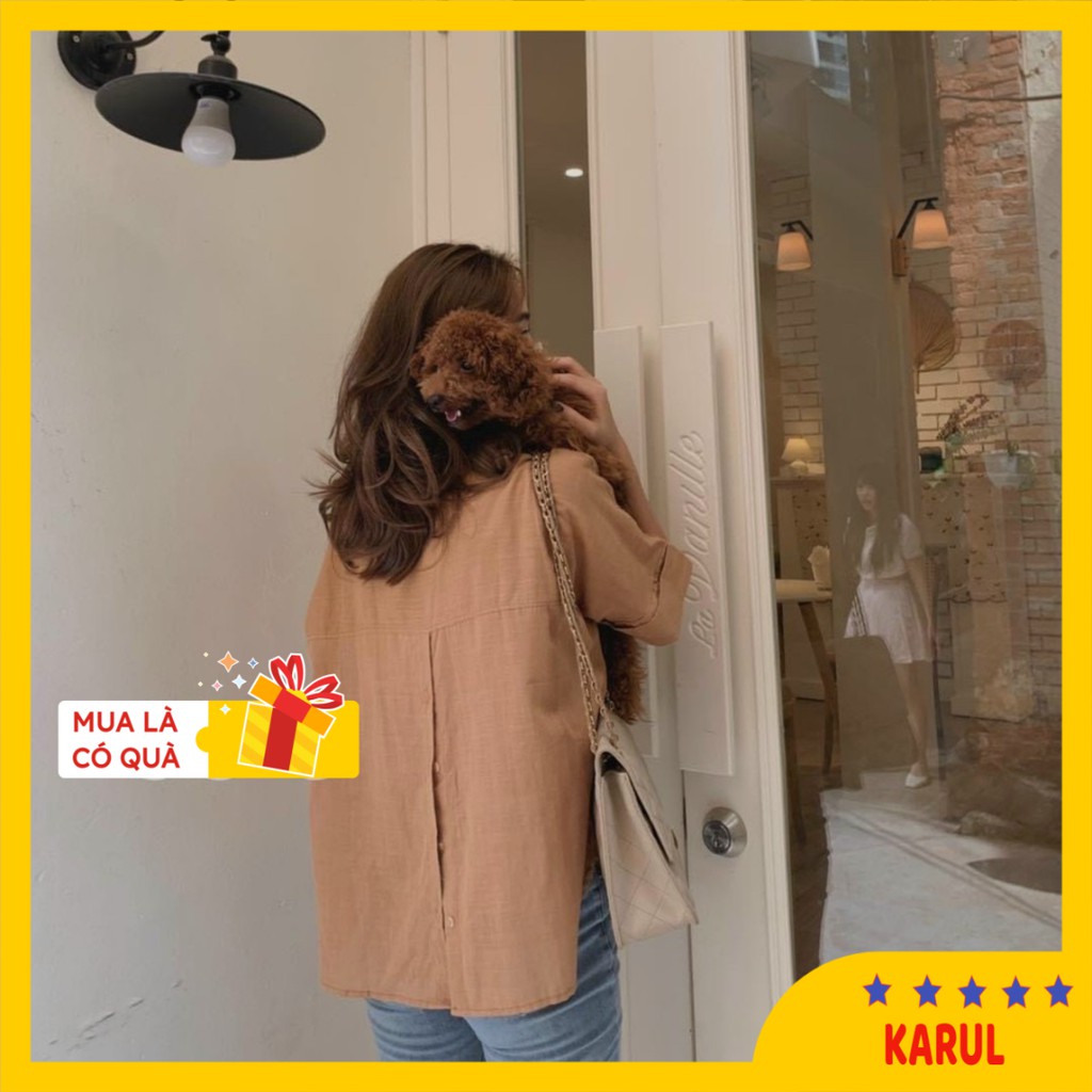 Áo sơ mi nữ cộc tay  cách điệu khuy sau, áo sơ mi nữ chất thô xước 3 màu  trắng , be , cốm | BigBuy360 - bigbuy360.vn