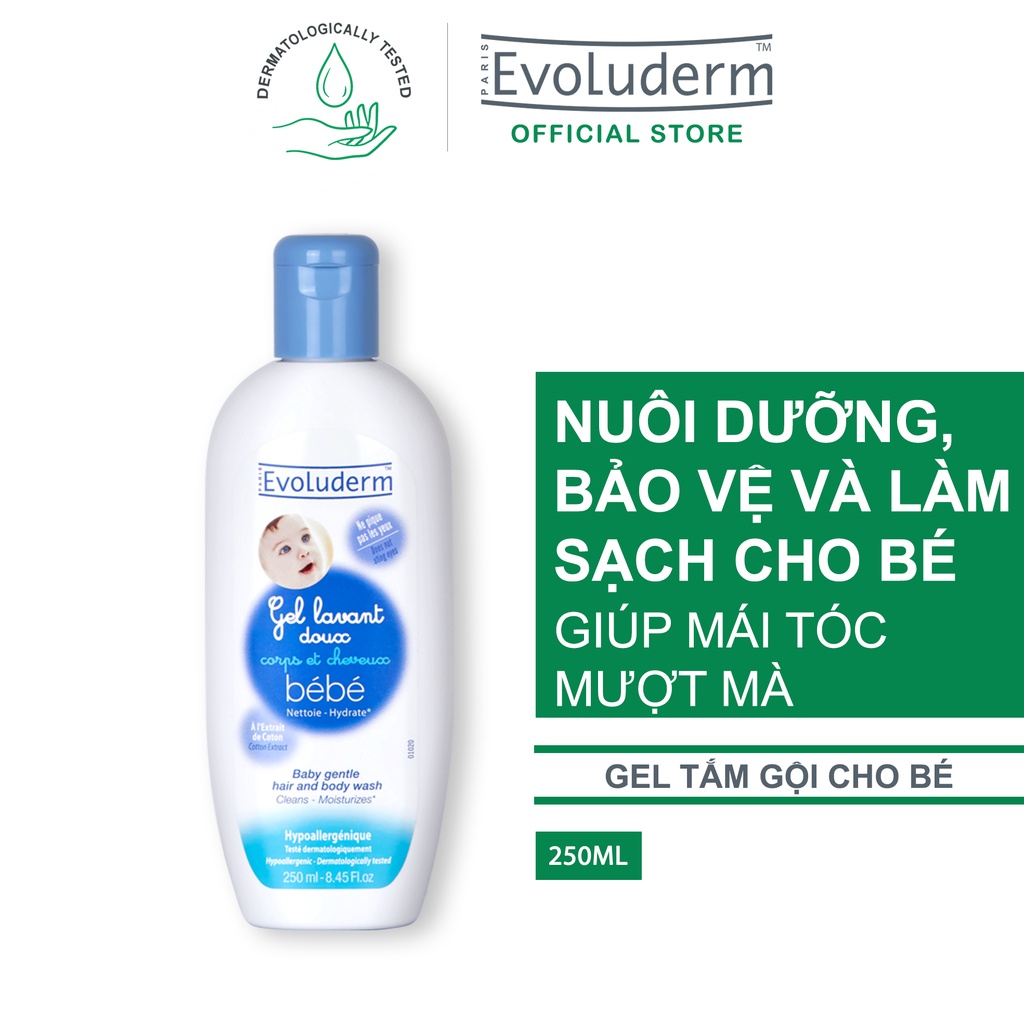 Gel tắm gội làm sạch dưỡng ẩm toàn thân cho em bé Chính hãng Evoluderm 500ml