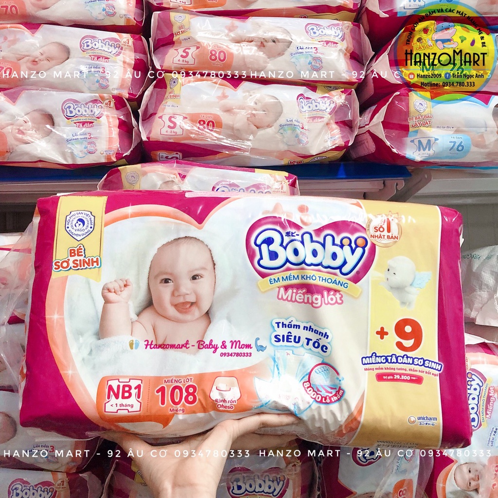 Tã Bỉm Bobby quần size NB108+9, Xs38+4, S54+6, M60+8, L52, Xl48