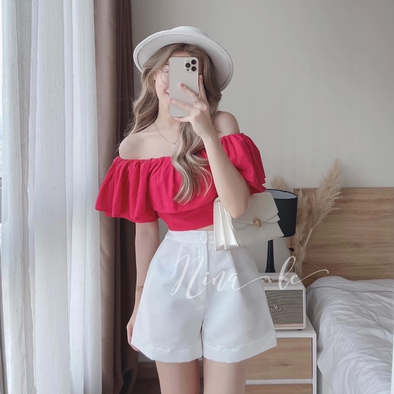 Set áo trễ vai nhúm bèo croptop với quần short ngắn xinh xắn màu hồng, trắng ôm eo (ST07)