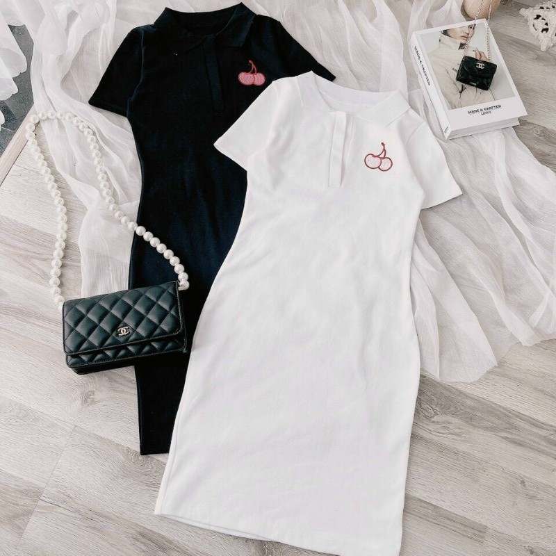 Váy Polo Ôm Body Tay Ngắn xinh Yêu Đầm thun body ôm 2 màu đen trắng vải thun bozip mềm mịn | BigBuy360 - bigbuy360.vn